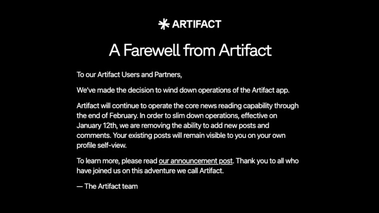 Instagram cofounders’ news app Artifact is shutting down
